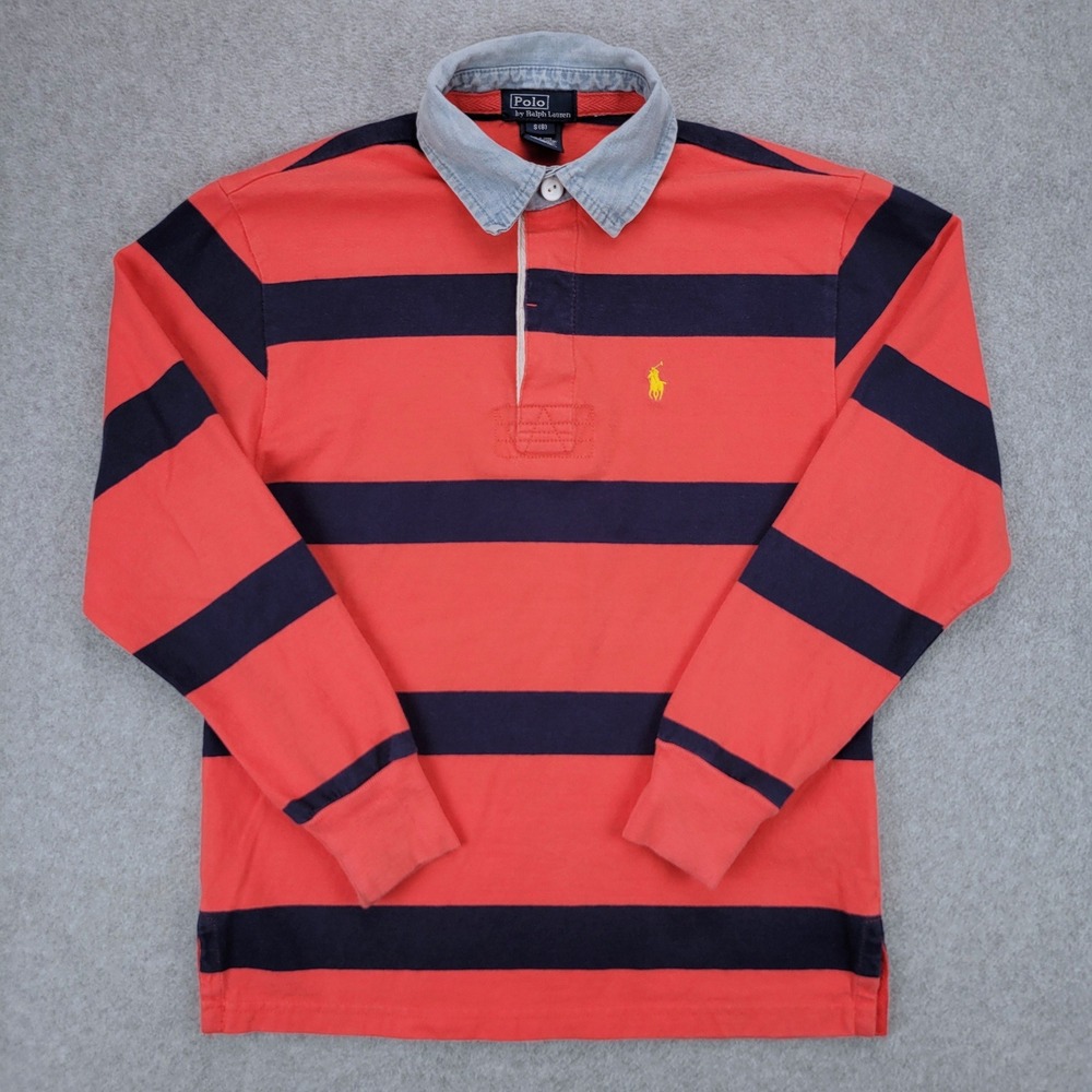 Polo Ralph Lauren Rugby Shirt Kids Size S 8 Coral Navy Blue Striped Long Sleeve